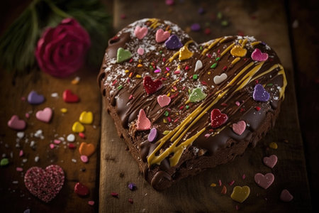 heart-shaped brownie with a drizzle of chocolate, a sprinkle of nuts and candy hearts, created with generative aiの素材