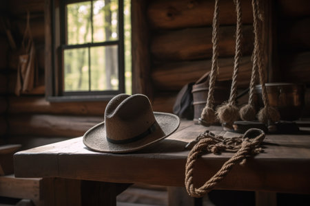 cowboy hat and rope hanging from wooden beam in cozy cabin, created with generative aiの素材