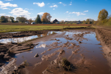 farm field, with water runoff and pollution visible along the shore, created with generative aiの素材