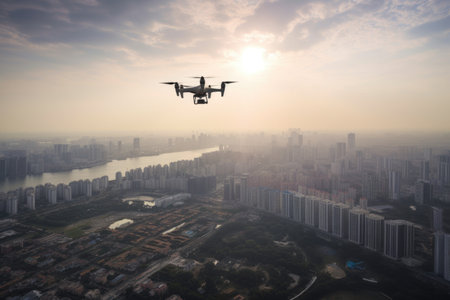 aerial view of metropolitan cityscape, with drone circling around towering skyscrapers, created with generative aiの素材