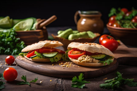 hummus and pita bread sandwich with fresh vegetables and herbs, created with generative aiの素材