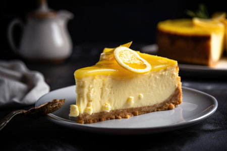 slice of cheesecake, topped with swirl of creamy and tangy lemon curd, created with generative aiの素材