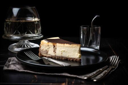 slice of cheesecake on black plate, with silver utensils and glasses, created with generative aiの素材