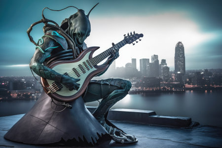 alien musician playing futuristic guitar, with surreal cityscape in the background, created with generative aiの素材