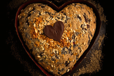 heart-shaped brownie surrounded by mix of chocolate and peanut butter chips, created with generative aiの素材
