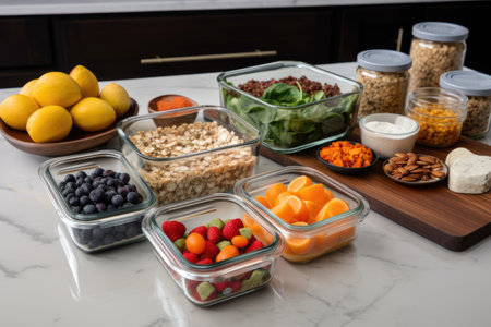 meal prep on the go, with ingredients and containers ready for quick and easy meals, created with generative aiの素材