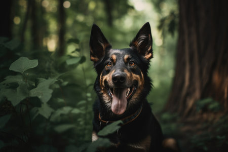 portrait of happy dog with its tongue hanging out, surrounded by lush green forest, created with generative aiの素材
