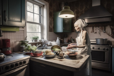 mother alien, working in the kitchen and preparing dinner for her family, created with generative aiの素材