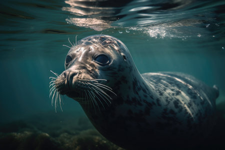 marine mammal swimming in clear blue water, created with generative aiの素材
