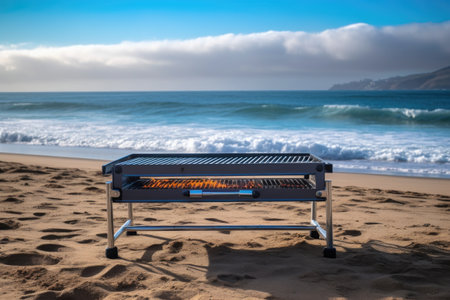 grill on the beach, with blue waves in the background and warm breeze, created with generative aiの素材