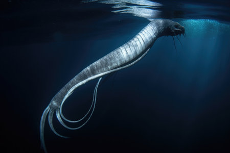 close-up of alien swimmer, showing its long and powerful tail, created with generative aiの素材