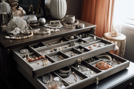 a jewelry box overflowing with bracelets, necklaces and rings, created with generative aiの素材