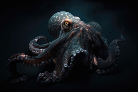 giant octopus hiding in the darkness, its tentacles glowing in the blackness, created with generative aiの素材