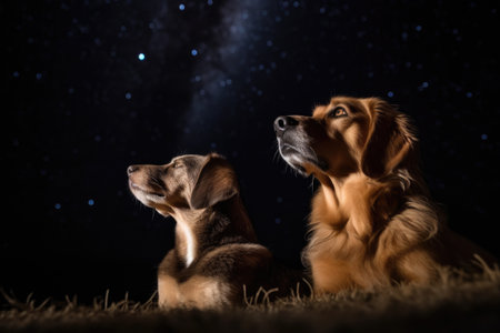 dog and cat floating in space, gazing at distant starry sky, created with generative aiの素材