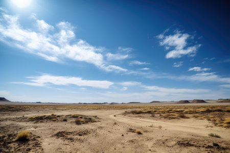 open desert with clear blue sky and clouds in the background, created with generative aiの素材
