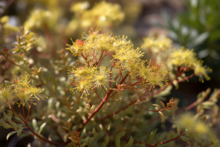 close-up of drought-tolerant plant, with its intricate foliage and flowers in full bloom, created with generative aiの素材