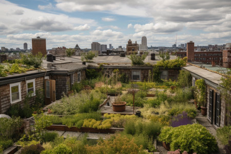 a rooftop garden with a view of the city skyline, surrounded by chimneys and other rooftop elements, created with generative aiの素材