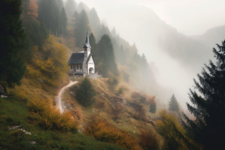 peaceful scene with chapel on misty mountainside, surrounded by trees, created with generative aiの素材