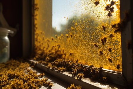 windowpane coated with pollen and sunlight shining through, created with generative aiの素材