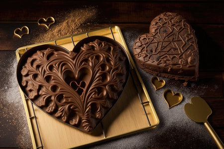 heart-shaped brownie surrounded by heart-themed cookie cutters, created with generative aiの素材
