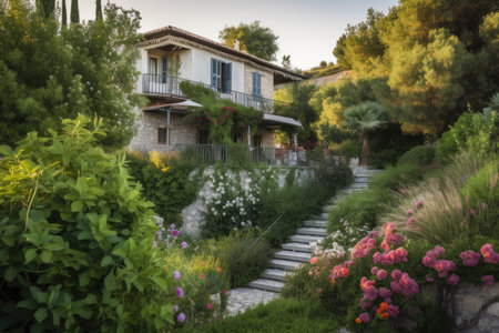 mediterranean house surrounded by lush greenery and blooming flowers, created with generative aiの素材