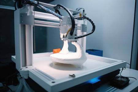 robot arm with 3d printer at work, printing out new part, created with generative aiの素材