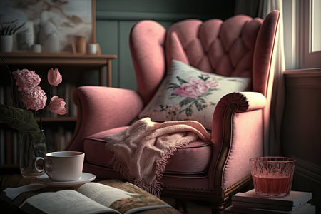 relaxing moment with cup of hot tea and cozy pink armchair for reading, created with generative aiの素材