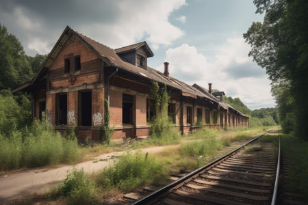 abandoned railway station, with old train cars and tracks left behind, created with generative aiの素材