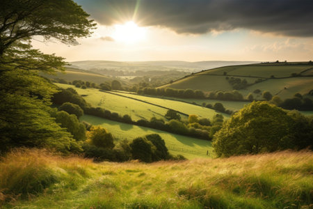 rolling countryside hills with sunbeams highlighting the landscape, created with generative aiの素材