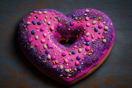 bright pink and purple heart-shaped donut with colorful sprinkles, created with generative aiの素材