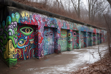 unique and intriguing alien graffiti, with vibrant colors and patterns that stand out in the urban environment, created with generative aiの素材