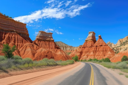 scenic road trip through the red canyons of utah, with dramatic rock formations and clear blue skies, created with generative aiの素材