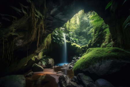 mountain cave with waterfall, surrounded by lush greenery, created with generative aiの素材