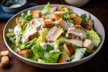classic chicken caesar salad, with crispy and crunchy croutons and creamy dressing, created with generative aiの素材