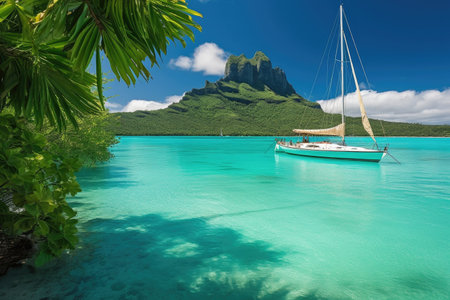 sailing boat moored in tranquil lagoon against tropical backdrop, created with generative aiの素材