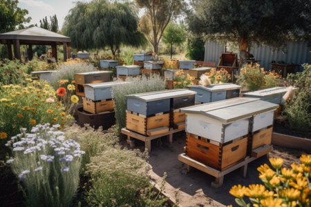 pollinator garden with beekeeping equipment, including hives and honey jars, created with generative aiの素材