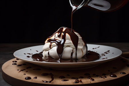 meringue hovering over a pool of chocolate sauce, created with generative aiの素材