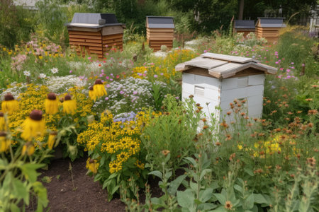 pollinator garden with beehive, surrounded by flowering plants, created with generative aiの素材