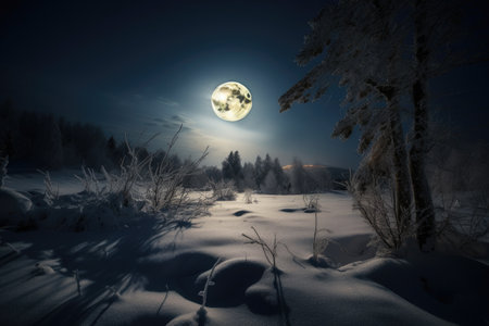 full moon shining over snowy landscape, created with generative aiの素材