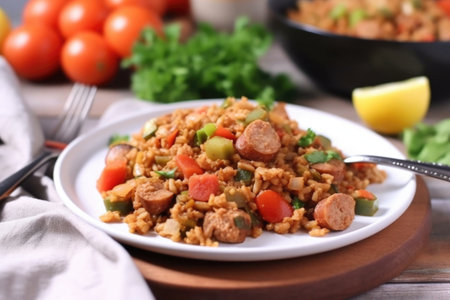plate of freshly cooked jambalaya, with shrimp, andouille sausage & vegetables, created with generative aiの素材