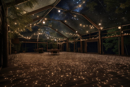 a massive dance floor, surrounded by towering trees and a starry night sky, created with generative aiの素材