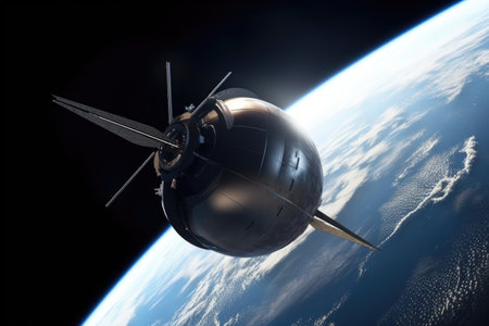 shot of a futuristic spacecraft orbiting the earth, created with generative aiの素材