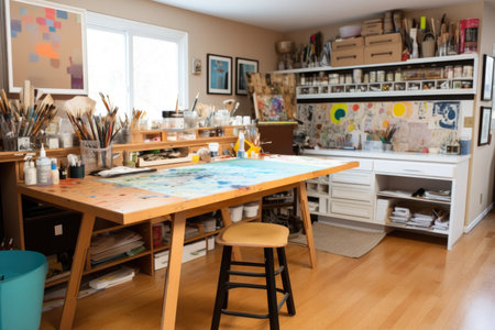 clutter-free kitchen with sleek and functional appliances, open shelving, and natural lighting, created with generative aiの素材