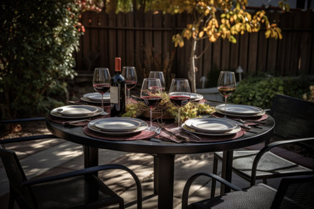 outdoor dining table set for four with wine glasses, plates, and silverware, created with generative aiの素材