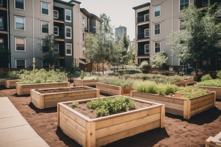 community garden with self-watering planters, raised beds, and vegetable seeds, created with generative aiの素材