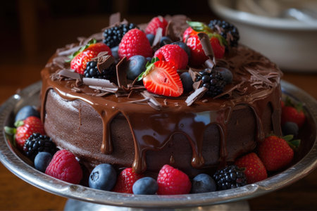 chocolate cake, with rich chocolate ganache and fresh berries on top, created with generative aiの素材