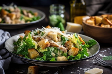tasty chicken caesar salad with crispy croutons, shaved cheese and fresh herbs, created with generative aiの素材