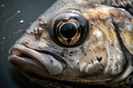 close-up of fish, with visible signs of disease and stress from polluted water, created with generative aiの素材