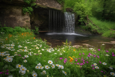 spring waterfall surrounded by blooming wildflowers, created with generative aiの素材