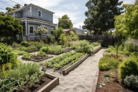 edible landscape with fruit trees, vegetable gardens, and pollinator habitat, created with generative aiの素材